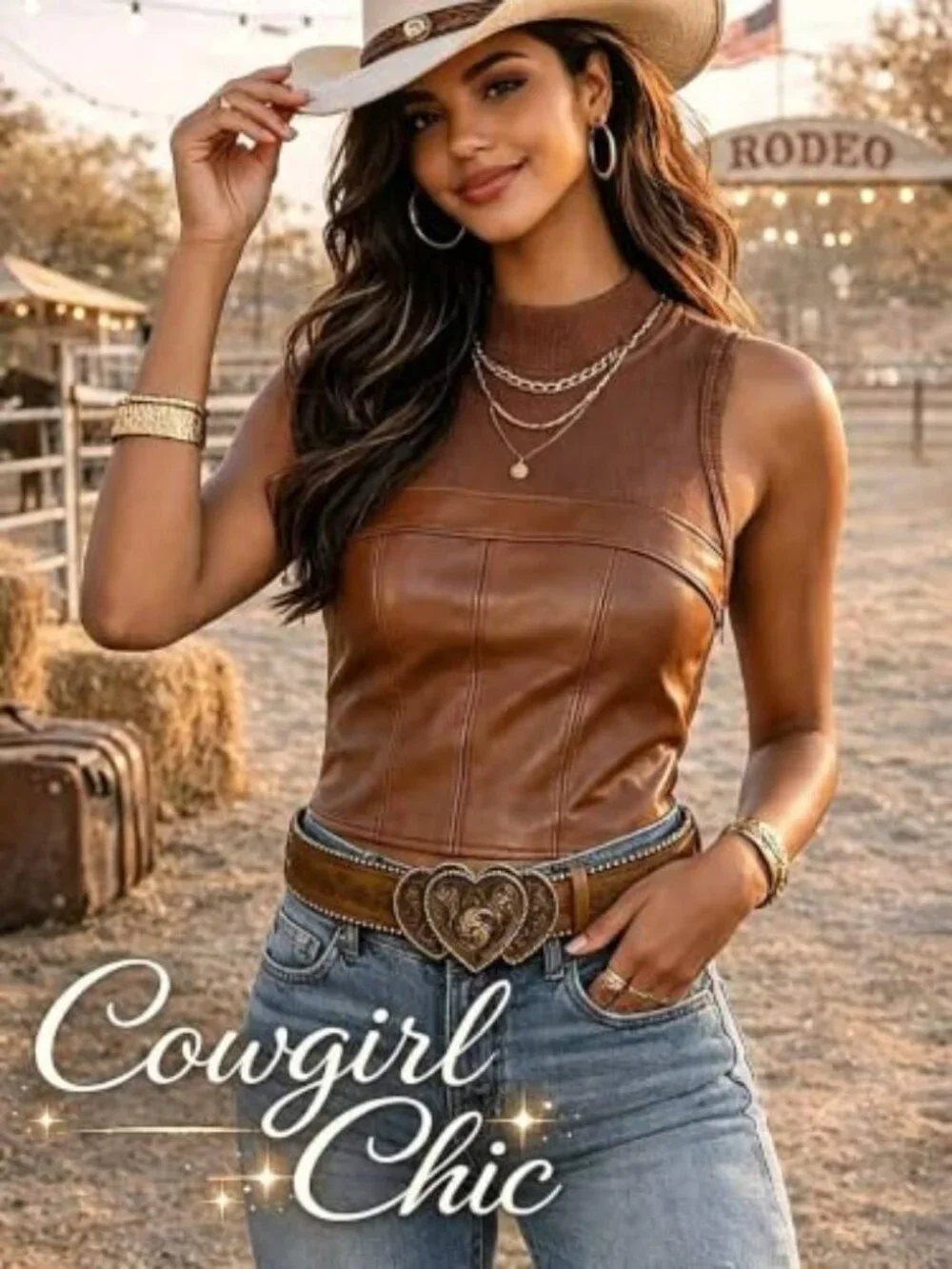 Women Western Belt with Heart Embossed Buckle Vintage Brown Belt for Jeans Pant